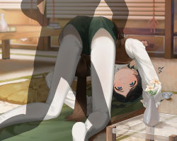 Rule 34 | 1boy, absurdres, all fours, androgynous, beret, black hair, blurry, blurry background, blush, book, braid, closed mouth, commentary, cup, english commentary, flower, frilled sleeves, frills, genshin impact, glass table, green eyes, green headwear, green shorts, hat, highres, indoors, kkopoli, long sleeves, male focus, pantyhose, pillow, shirt, short hair with long locks, shorts, side braids, sidelocks, table, twin braids, vase, venti (genshin impact), white flower, white legwear, white shirt