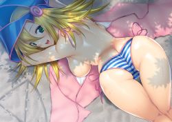 Rule 34 | 1girl, ass, backboob, bikini, blonde hair, blush, breasts, dark magician girl, duel monster, from above, green eyes, hat, large breasts, long hair, looking back, lying, on stomach, open mouth, sideboob, smile, solo, striped bikini, striped clothes, suzume inui, sweat, swimsuit, towel, untied, wizard hat, yu-gi-oh!, yu-gi-oh! duel monsters
