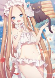 Rule 34 | 1girl, :d, abigail williams (fate), abigail williams (swimsuit foreigner) (fate), abigail williams (swimsuit foreigner) (third ascension) (fate), absurdres, animal, bare arms, bare shoulders, bikini, black cat, blonde hair, blue eyes, blush, bonnet, bow, cat, commentary request, day, fate/grand order, fate (series), food, forehead, groin, hair bow, hands up, highres, holding, holding tray, index finger raised, long hair, navel, open mouth, outdoors, pancake, pancake stack, parted bangs, petals, sapphire (sapphire25252), smile, solo, strapless, strapless bikini, striped, striped bow, swimsuit, teeth, tray, twintails, upper teeth only, very long hair, white bikini, white bow, white headwear