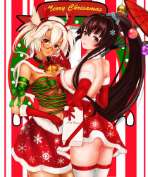 Rule 34 | 10s, 2girls, adapted costume, ass, back, backless outfit, breasts, brown eyes, budget sarashi, christmas, cowboy shot, dark-skinned female, dark skin, dress, elbow gloves, fur trim, glasses, gloves, hair ornament, hat, highres, holding, incoming gift, kantai collection, large breasts, lips, looking at viewer, merry christmas, midriff, miniskirt, multiple girls, musashi (kancolle), oil-paper umbrella, pointy hair, ponytail, red eyes, red gloves, santa costume, santa hat, sarashi, semi-rimless eyewear, short dress, shoulder blades, skirt, snowflake hair ornament, snowflake print, strapless, strapless dress, striped, striped background, thighhighs, umbrella, under-rim eyewear, upskirt, vertical stripes, white hair, white legwear, yamato (kancolle), ytoy