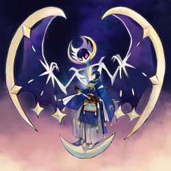 Rule 34 | 10s, 1boy, black gloves, blue hair, cezaria, creatures (company), crossover, fangs, game freak, gen 7 pokemon, gloves, gradient background, highres, holding, holding weapon, japanese clothes, legendary pokemon, looking at another, lunala, mikazuki munechika, nintendo, pokemon, pokemon (creature), pokemon sm, sandals, sheath, sky, star (sky), starry sky, sword, tabi, tassel, touken ranbu, trait connection, unsheathing, weapon