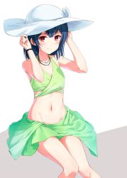 Rule 34 | 1girl, bikini, blue hair, blush, bow, commentary request, flat chest, green bikini, green sarong, groin, hands on headwear, hat, hat bow, highres, idolmaster, idolmaster shiny colors, jewelry, looking at viewer, morino rinze, navel, necklace, polka dot, red eyes, sarong, short hair, sitting, smile, solo, suke (momijigari), sun hat, swimsuit, white bow, white hat