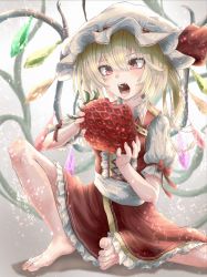 Rule 34 | 1girl, adapted costume, barefoot, blonde hair, center frills, commentary request, cross-laced clothes, crystal, eating, embellished costume, flandre scarlet, flat chest, food, frills, fruit, gold trim, gradient background, grey background, hair between eyes, hat, hat ribbon, highres, holding, holding food, knee up, light particles, mob cap, open mouth, oversized food, oversized object, pink eyes, ponytail, puffy short sleeves, puffy sleeves, red ribbon, red vest, ribbon, short hair, short sleeves, simple background, sitting, solo, strawberry, teeth, toes, touhou, tqg 07, vest, white hat, wings