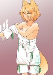 Rule 34 | 1girl, animal ears, bare shoulders, blonde hair, breasts, collarbone, fox ears, fox girl, fox tail, fuuzasa, gradient background, green ribbon, highres, kudamaki tsukasa, looking to the side, neck ribbon, off shoulder, ribbon, romper, short hair, short sleeves, small breasts, smile, solo, tail, touhou, undressing, yellow eyes