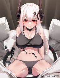 Rule 34 | 1girl, 3:, arknights, arm support, bandaged arm, bandages, bare shoulders, bed sheet, bikini, black bikini, black gloves, black panties, blush, breasts, cleavage, closed mouth, collar, collarbone, earrings, gloves, highres, horns, infection monitor (arknights), jewelry, kasasasagi, large breasts, long hair, looking at viewer, material growth, mudrock (arknights), navel, off shoulder, on bed, oripathy lesion (arknights), panties, pillow, pointy ears, red eyes, sidelocks, silver hair, sitting, solo, spread legs, stained swimsuit, steaming body, stomach, sweat, swimsuit, twitter username, underwear