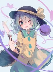 Rule 34 | 1girl, ameshi (rzuw4482), black hat, blouse, blush, bow, buttons, cowboy shot, diamond button, eyeball, frilled shirt collar, frilled sleeves, frills, green eyes, green hair, green skirt, hat, hat bow, hat ribbon, heart, heart of string, highres, holding, holding knife, knife, koishi day, komeiji koishi, long sleeves, looking at viewer, medium hair, one eye closed, ribbon, shirt, skirt, smile, solo, third eye, tongue, tongue out, touhou, wavy hair, wide sleeves, yellow bow, yellow ribbon, yellow shirt