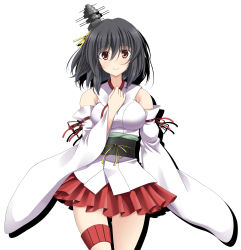 Rule 34 | 1girl, bare shoulders, black hair, blush, breasts, detached sleeves, hair between eyes, hair ornament, highres, japanese clothes, kantai collection, looking at viewer, medium breasts, nontraditional miko, rappa (rappaya), red eyes, red skirt, short hair, simple background, skirt, smile, solo, thighs, white background, yamashiro (kancolle)