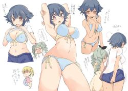 Rule 34 | 10s, 3girls, abenattou, anchovy (girls und panzer), armpits, arrow (symbol), ass, bag, bare arms, bikini, black bow, blonde hair, blue bikini, blue hair, blue panties, blue shorts, blush, bow, breast envy, breasts, brown eyes, carpaccio (girls und panzer), closed mouth, clothes lift, commentary request, covered erect nipples, covering ass, covering privates, drill hair, front-tie bikini top, front-tie top, girls und panzer, hair bow, handbag, holding, innertube, large breasts, lifebuoy, lifted by self, long hair, multiple girls, navel, no bra, nose blush, o o, one-piece swimsuit, open mouth, panties, pepperoni (girls und panzer), pink one-piece swimsuit, ponytail, profile, shaded face, shirt, shirt lift, short hair, short sleeves, shorts, shorts tug, side-tie bikini bottom, simple background, stomach, sweat, swim ring, swimsuit, tan, tanline, thigh gap, translation request, twin drills, underwear, white background, white shirt