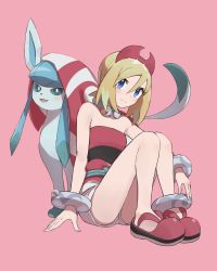 Rule 34 | 1girl, anklet, arm support, blue eyes, blush, bracelet, closed mouth, collar, commentary request, creatures (company), eyelashes, game freak, gen 4 pokemon, glaceon, grey shorts, hair between eyes, hat, highres, irida (pokemon), jewelry, medium hair, neck ring, nintendo, odd (hin yari), pink background, pokemon, pokemon (creature), pokemon legends: arceus, red footwear, red headwear, red shirt, sash, shirt, shoes, shorts, simple background, smile, strapless, strapless shirt