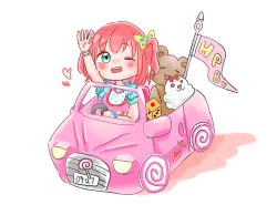 Rule 34 | 1girl, aqua eyes, aqua scrunchie, artist name, artist request, blush, bow, bracelet, car, chibi, cotton candy ei-ei-oh!, dice, dress, female focus, flag, frilled dress, frills, green eyes, hair between eyes, hair bow, jewelry, koyuki (jas 304), kurosawa ruby, love live!, love live! school idol festival, love live! sunshine!!, motor vehicle, one eye closed, pink shirt, polka dot, polka dot shirt, red hair, ribbon, scrunchie, shirt, short hair, smile, solo, stuffed animal, stuffed toy, teddy bear, twintails, white background, white shirt, wrist bracelet, wrist scrunchie