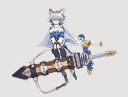 Rule 34 | 1girl, animal ear fluff, animal ears, bad id, bad pixiv id, bell, blue eyes, blush, capelet, carrying, closed mouth, cuffs, formal, greatsword, grey background, grey hair, grey necktie, hair between eyes, highres, holding, huge weapon, kahill, necktie, original, scabbard, sheath, sheathed, short hair, simple background, smile, solo, suit, sword, tail, tail bell, tail ornament, weapon, white capelet