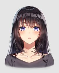 Rule 34 | 1girl, blush, brown hair, collarbone, commentary request, grey background, grey shirt, hair between eyes, long hair, looking at viewer, original, parted lips, portrait, purple eyes, shirt, simple background, solo, superpig