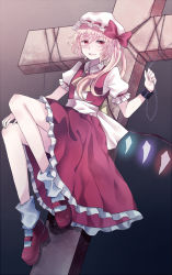 Rule 34 | 1girl, :d, ascot, bare legs, blonde hair, bobby socks, chain, collared shirt, cross, crystal, cuffs, demon wings, dress, flandre scarlet, frilled dress, frilled sleeves, frills, full body, hat, hat ribbon, looking at viewer, mary janes, miyakure, mob cap, open mouth, puffy short sleeves, puffy sleeves, red dress, red eyes, red footwear, red ribbon, restrained, ribbon, sash, shackles, shirt, shoes, short sleeves, side ponytail, smile, socks, solo, touhou, white hat, white shirt, white socks, wing collar, wings
