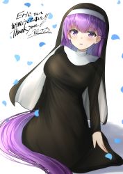 Rule 34 | 1girl, absurdly long hair, absurdres, alternate costume, black dress, blush, braid, breasts, commission, commissioner upload, dress, fire emblem, fire emblem: the binding blade, fire emblem heroes, french braid, full body, hair between eyes, highres, large breasts, long dress, long hair, long sleeves, looking at viewer, nintendo, nun, nuts (hazel-nuts), open mouth, petals, purple eyes, purple hair, shadow, signature, simple background, solo, sophia (fire emblem), thank you, traditional nun, very long hair