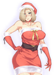 Rule 34 | 10s, 1girl, bare shoulders, black beat, blonde hair, breasts, brown eyes, gloves, hand on own hip, hat, highres, hip focus, large breasts, looking at viewer, majestic prince, santa costume, santa hat, short hair, simple background, smile, solo, suzukaze rin, white background