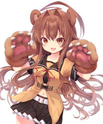 Rule 34 | 1girl, :d, absurdres, ahoge, animal ears, animal hands, bear ears, belt, black sailor collar, black skirt, blush, breasts, brown eyes, brown hair, collarbone, commentary request, commission, cowboy shot, fang, gloves, hair between eyes, highres, kantai collection, kuma (kancolle), long hair, looking at viewer, medium breasts, navel, open mouth, paw gloves, pixiv commission, pleated skirt, sailor collar, school uniform, serafuku, short sleeves, skirt, smile, solo, sukemyon