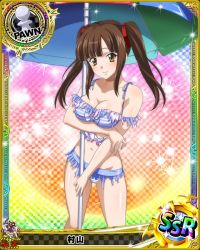 Rule 34 | 10s, 1girl, artist request, breasts, brown hair, card (medium), character name, chess piece, female focus, hair ribbon, high school dxd, large breasts, long hair, murayama (high school dxd), official art, parasol, pawn (chess), ribbon, solo, swimsuit, torn clothes, trading card, twintails, umbrella, yellow eyes
