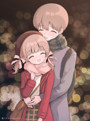 Rule 34 | 1boy, 1girl, :d, ^ ^, ame usako, backpack, bad id, bad pixiv id, bag, blurry, blurry background, blush, bow, brown hair, christmas, closed eyes, coat, depth of field, green scarf, grey coat, hair between eyes, hair bow, hand up, hetero, hug, hug from behind, jacket, long sleeves, open clothes, open jacket, open mouth, original, pink bow, pink scarf, plaid, plaid scarf, plaid skirt, red jacket, scarf, shirt, shoulder bag, skirt, smile, twitter username, two side up, white shirt