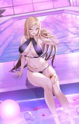 Rule 34 | 1girl, arm up, armpits, balloon, bare arms, bare legs, bare shoulders, bikini, black bikini, blonde hair, blue eyes, breasts, breasts apart, closers, gradient hair, halterneck, hand in own hair, hand up, harpy (closers), highres, indoors, large breasts, long hair, looking at viewer, mole, mole under eye, multicolored hair, navel, non-web source, o-ring, o-ring bikini, official art, open mouth, parted bangs, pool, sitting, skindentation, smile, soaking feet, solo, stomach, string bikini, swimsuit, thighlet, thighs, very long hair, water, wet