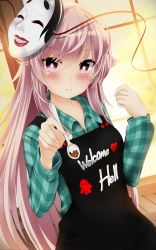 Rule 34 | 1girl, apron, blush, bright pupils, closed mouth, clothes writing, collared shirt, food, hands up, hata no kokoro, highres, holding, indoors, long hair, long sleeves, looking at viewer, mask, noh mask, pink eyes, pink hair, plaid, shirt, solo, spoon, touhou, unlock-creed, very long hair, wing collar, wooden floor