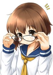 Rule 34 | 1girl, adjusting eyewear, bespectacled, blue sailor collar, brown eyes, brown hair, closed mouth, commentary, dress, glasses, highres, kantai collection, long sleeves, nassukun, neckerchief, notice lines, sailor collar, sailor dress, short hair, simple background, symbol-only commentary, upper body, white background, yellow neckerchief, yukikaze (kancolle)