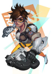 Rule 34 | 1girl, black gloves, brown eyes, brown hair, closed mouth, earrings, female focus, gloves, goggles, gun, highres, holding, holding gun, holding weapon, jewelry, looking at viewer, okita, overwatch, overwatch 1, short hair, smile, solo, tracer (overwatch), weapon