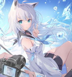 Rule 34 | 1girl, absurdres, ahoge, animal ears, artist name, black skirt, braid, breasts, camera, chinese commentary, commentary request, fox ears, fox girl, green eyes, highres, holding, holding camera, hololive, long hair, long sleeves, looking at viewer, medium breasts, miniskirt, revision, shirakami fubuki, shirakami fubuki (1st costume), shirt, sitting, skirt, solo focus, somna, v, very long hair, virtual youtuber, white hair, white shirt