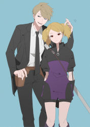 Rule 34 | 1boy, 1girl, arms at sides, black gloves, black jacket, black neckwear, black pants, blonde hair, blue background, blue eyes, boots, breast pocket, closed mouth, collared shirt, expressionless, feet out of frame, formal, frown, gloves, half-closed eyes, hand up, height difference, highres, holster, inukai sumiharu, jacket, kuroe futaba, looking at viewer, necktie, o-ring, open clothes, open jacket, pants, parted lips, pocket, red eyes, ruffling hair, shirt, short jumpsuit, short sleeves, short twintails, simple background, smile, standing, suit, swept bangs, sword, twintails, uniform, weapon, weapon on back, white shirt, world trigger, yawai tofu