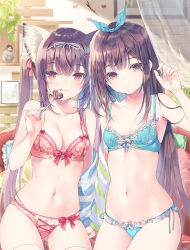Rule 34 | 2girls, :3, :q, animal ear fluff, animal ears, arm up, armpits, bare shoulders, bird, black hair, blue bra, blue panties, bow, bow bra, bra, breasts, brown eyes, candy, cat ears, chocolate, cleavage, collarbone, cowboy shot, food, front-tie bra, front-tie top, gluteal fold, groin, hair ornament, hair ribbon, hairclip, holding, lace, lace-trimmed bra, lace-trimmed panties, lace trim, lingerie, lollipop, long hair, looking at viewer, medium breasts, miwabe sakura, mole, mole under eye, multiple girls, nail polish, navel, original, panties, penguin, red bra, red panties, ribbon, side-tie panties, sidelocks, standing, stomach, thighhighs, thighs, tongue, tongue out, underwear, underwear only, very long hair, white legwear