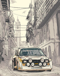 Rule 34 | audi, audi quattro, cable, car, city, gregory fromenteau, motor vehicle, no humans, race vehicle, racecar, rally car, sketch, spoiler (automobile), spot color, tower, vehicle focus, world rally championship