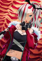 Rule 34 | 1girl, absurdres, black gloves, blue eyes, bottle, breasts, eyeliner, fingerless gloves, fur trim, gloves, hair over one eye, highres, jacket, makeup, midriff, multicolored hair, navel, original, ponytail, red gloves, red hair, silver hair, solo, tattoo, tochi keisuke, tongue, tongue out, two-tone hair