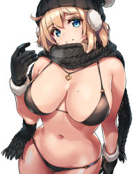 Rule 34 | 1girl, bikini, black bikini, black gloves, blonde hair, blue eyes, blush, breasts, breasts apart, closed mouth, commentary request, cowboy shot, earmuffs, fur-trimmed gloves, fur trim, gloves, hat, highres, jewelry, large breasts, long hair, looking at viewer, mole, mole on breast, navel, necklace, o-ring, o-ring bikini, o-ring top, original, scarf, shimazu tekkou, simple background, skindentation, smile, solo, stomach, string bikini, swimsuit, white background, winter clothes
