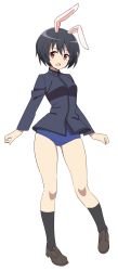 Rule 34 | 10s, 1girl, animal ears, black hair, black jacket, black socks, blue one-piece swimsuit, brave witches, brown footwear, full body, glastonbury1966, highres, jacket, loafers, long sleeves, looking at viewer, military, military uniform, no pants, one-piece swimsuit, open mouth, purple eyes, rabbit ears, rabbit girl, shimohara sadako, shoes, short hair, simple background, smile, socks, solo, standing, swimsuit, swimsuit under clothes, uniform, white background, world witches series