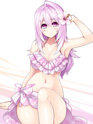 Rule 34 | 1girl, arm support, armpits, bare arms, bare legs, bare shoulders, bikini, breasts, cleavage, cu-no, floral print, flower, hair between eyes, hair flower, hair ornament, hisen kaede, large breasts, light purple hair, looking at viewer, midriff, navel, purple eyes, sarong, solo, swimsuit, thighs, yayoi sakura
