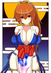 Rule 34 | 1girl, absurdres, arm guards, bare shoulders, blue kimono, blush, breasts, brown eyes, brown hair, cleavage, collarbone, commentary request, dead or alive, dead or alive 6, detached sleeves, gians noby, hair ribbon, high ponytail, highres, japanese clothes, kasumi (doa), kimono, large breasts, long hair, long sleeves, looking at viewer, orange hair, outdoors, pagoda, pelvic curtain, revealing clothes, ribbon, sash, solo, standing, tanikan0120, thighhighs, white thighhighs, yellow ribbon