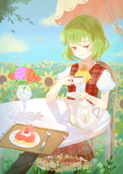 Rule 34 | 1girl, ascot, blue sky, bouquet, cake, closed mouth, cloud, commentary, cup, drinking glass, field, flower, flower field, food, fork, green hair, holding, holding cup, kazami yuuka, parasol, plaid, plaid vest, red eyes, red vest, shirt, short hair, short sleeves, sitting, sky, smile, solo, sunflower, sunflower field, tarot, teacup, teapot, the empress (tarot), touhou, umbrella, vest, vikramjoti, white shirt, white umbrella, yellow ascot