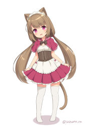 Rule 34 | 1girl, animal ears, blush, bow, bowtie, brown bow, brown bowtie, brown hair, capelet, cat ears, cat tail, dot nose, full body, leaning to the side, long hair, looking at viewer, original, pink capelet, pink eyes, pink skirt, pleated skirt, sasaame, simple background, skirt, skirt hold, smile, solo, tail, thighhighs, twintails, twitter username, underbust, very long hair, white background, white thighhighs