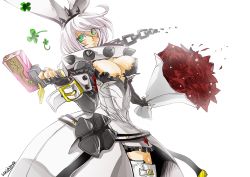 Rule 34 | 1girl, ahoge, animal ears, arc system works, blush, bouquet, breasts, chain, cleavage, clover, collar, dress, elphelt valentine, fingerless gloves, flower, four-leaf clover, gloves, green eyes, guilty gear, guilty gear xrd, guilty gear xrd: revelator, gun, handgun, highres, kirishima sanagi, large breasts, rabbit ears, red flower, red rose, rose, shiny skin, short hair, silver hair, simple background, solo, thighhighs, weapon, white background, white dress