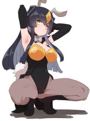 Rule 34 | 1girl, black gloves, black hair, blush, bow, bowtie, breasts, cleavage, cloak, gloves, hair between eyes, hair ornament, headpiece, high heels, highleg, highleg leotard, highres, horns, large breasts, leotard, long hair, looking at viewer, pantyhose, parted lips, playboy bunny, rabbit tail, see-through, simple background, solo, spread legs, squatting, sumiyao (amam), tail, thighs, traditional bowtie, ultra kaijuu gijinka keikaku, ultra series, very long hair, yellow eyes, zetton