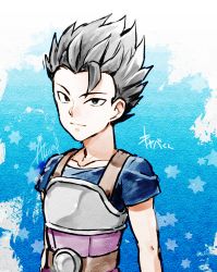 Rule 34 | 10s, 1boy, armor, bad id, bad pixiv id, black eyes, black hair, blue background, cabba, collarbone, dragon ball, dragon ball super, hexagram, kyabe, male focus, muraosa (conjecture), solo, spiked hair, upper body