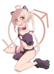 Rule 34 | 1girl, @ @, ahoge, animal ear fluff, animal ears, animal hands, bare legs, black bra, black choker, black panties, blonde hair, blush, bra, cat cutout, cat ears, choker, cleavage cutout, clothing cutout, collarbone, commentary, frilled bra, frilled choker, frilled panties, frills, full body, gloves, hair between eyes, highres, ikedo hmr, long hair, looking at viewer, male-female symbol, navel, onii-chan wa oshimai!, open mouth, orange eyes, oyama mahiro, panties, paw gloves, paw shoes, simple background, sitting, solo, twintails, underwear, wavy mouth, white background