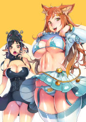 Rule 34 | 2girls, :d, :o, abs, animal ear fluff, animal ears, animal print, aqua bra, aqua panties, aqua skirt, armband, armlet, bad id, bad pixiv id, bare shoulders, bead belt, black dress, black hair, black nails, blonde hair, blush, bow skirt, bra, bracelet, breasts, cat ears, cat print, cleavage, clothes lift, commission, corset, curvy, dress, f.s., fangs, fingernails, fish hair ornament, fish skeleton, flashing, garter straps, hair ornament, hand on own cheek, hand on own face, high ponytail, highres, jewelry, lifting own clothes, long hair, looking at viewer, monster girl, multicolored hair, multiple girls, muscular, muscular female, nail polish, navel, open mouth, orange hair, original, panties, pointy ears, shiny skin, shirt lift, sidelocks, simple background, skeb commission, skirt, smile, stomach, striped clothes, striped legwear, striped panties, surprised, syringe hair ornament, thick thighs, thighhighs, thighs, toned, two-tone background, two-tone hair, underboob, underwear, upskirt, white panties
