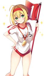 Rule 34 | 10s, 1girl, ahoge, bad id, bad pixiv id, blonde hair, blush, buruma, closed mouth, commentary request, fate/extra, fate/grand order, fate (series), flag, green eyes, gym uniform, hair intakes, hand on own hip, headband, looking at viewer, medal, nero claudius (fate), nero claudius (fate) (all), nero claudius (fate/extra), nero claudius (olympian bloomers) (fate), official alternate costume, red buruma, red headband, short hair, short sleeves, simple background, smile, solo, sparkle, standing, sumisaki yuzuna, white background