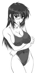 Rule 34 | 1girl, blush, breasts, cleavage, covered erect nipples, covered navel, crossed arms, glasses, greyscale, large breasts, long hair, looking at viewer, monochrome, non-web source, one-piece swimsuit, open mouth, simple background, solo, standing, swimsuit, tsuyokiss, white background, yashi nagomi