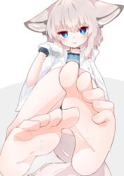 Rule 34 | 1girl, absurdres, animal ears, arknights, barefoot, black choker, black wristband, blue eyes, blue vest, blush, choker, coat, collarbone, feet, flat chest, foot focus, foreshortening, fox ears, fox girl, fox tail, gloves, hair between eyes, hand up, highres, hood, hood down, hooded coat, infection monitor (arknights), lab coat, looking at viewer, material growth, oripathy lesion (arknights), parted lips, pink hair, rano u rabe, short hair, sitting, soles, solo, sussurro (arknights), tail, toenails, toes, vest, white coat, white gloves