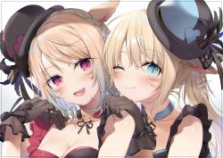 Rule 34 | 2girls, :d, ;), animal ears, warrior of light (ff14), bare shoulders, black bow, black gloves, black headwear, black ribbon, blonde hair, blue eyes, blue hair, blush, bow, braid, breasts, cat ears, cat girl, choker, cleavage, collarbone, commentary request, dated, facial mark, final fantasy, final fantasy xiv, gloves, gradient hair, hair between eyes, hands on another&#039;s shoulders, hat, hat bow, hat feather, hat ornament, heart, heart o-ring, highres, long hair, looking at viewer, medium breasts, miqo&#039;te, multicolored hair, multiple girls, neck ribbon, one eye closed, open mouth, orange hair, pink eyes, ponytail, ribbon, side braid, signature, simple background, sleeveless, slit pupils, smile, upper body, whisker markings, white background, yana mori