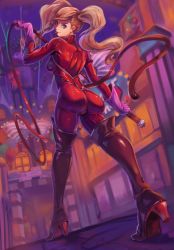 Rule 34 | 1girl, absurdres, ass, blonde hair, blue eyes, bodysuit, boots, breasts, casino, cat tail, closed mouth, crotch zipper, dutch angle, earrings, fake tail, female focus, from behind, from below, full body, gloves, hand up, happy, high heels, highres, holding, holding whip, jewelry, latex, latex bodysuit, long hair, looking at viewer, looking back, medium breasts, night, outdoors, persona, persona 5, pink gloves, red bodysuit, red footwear, shiny clothes, skin tight, smile, solo, standing, swept bangs, tail, takamaki anne, thigh boots, thighhighs, toasty scones, tongue, tongue out, twintails, walking, whip, zipper
