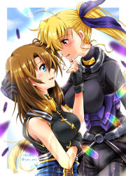 Rule 34 | 2girls, age difference, blonde hair, blue eyes, blush, breasts, brown hair, eye contact, hand on another&#039;s chin, hair ribbon, hand on another&#039;s head, happy, heterochromia, highres, large breasts, long hair, looking at another, lyrical nanoha, mahou shoujo lyrical nanoha, mahou shoujo lyrical nanoha vivid, medium hair, multiple girls, open mouth, purple ribbon, ribbon, san-pon, side ponytail, skin tight, sleeveless, smile, vivid strike!, vivio, yagami hayate, yuri