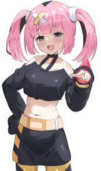 Rule 34 | 1girl, absurdres, belt, black hair, black skirt, blush, coral (pokemon), creatures (company), fangs, game freak, hair ornament, hand on own hip, highres, long sleeves, looking at viewer, midriff, mugi makura, multicolored hair, navel, nintendo, pink hair, pointing, pointing at viewer, pokemon, pokemon (anime), pokemon horizons, purple eyes, simple background, skirt, solo, standing, twintails, two-tone hair, white background, x hair ornament