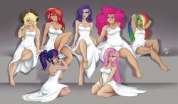 Rule 34 | 6+girls, absurdres, applejack, bare arms, barefoot, blonde hair, blue eyes, blue hair, breasts, cleavage, collarbone, cowboy hat, dress, fluttershy, glasses, green eyes, green hair, hat, highres, kneeling, long hair, looking at viewer, medium breasts, multicolored hair, multiple girls, muscular, muscular female, my little pony, my little pony: equestria girls, my little pony: friendship is magic, orange hair, pink hair, pinkie pie, plump, ponut joe, purple eyes, purple hair, rainbow dash, rarity (my little pony), red eyes, red hair, sci-twi, simple background, sitting, small breasts, sundress, sunset shimmer, twilight sparkle